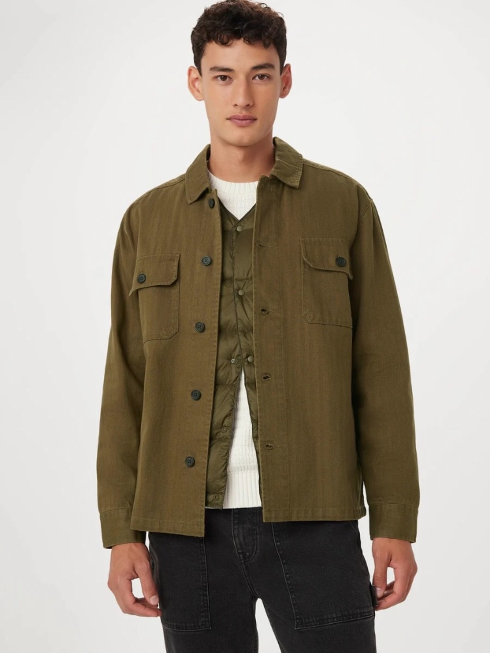 Frank & Oak Herringbone Overshirt in olive